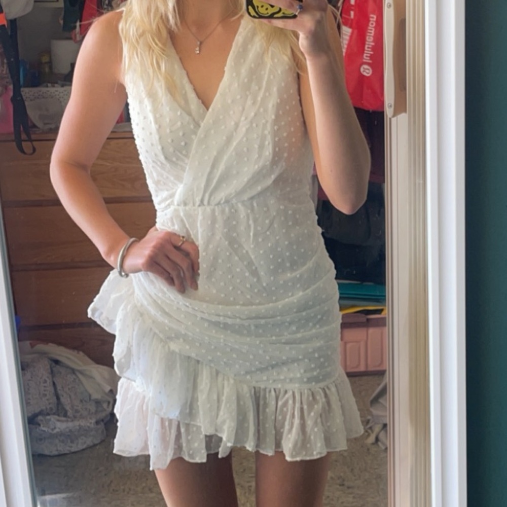 Selfie Leslie White Ruffled Wrap Mini Dress